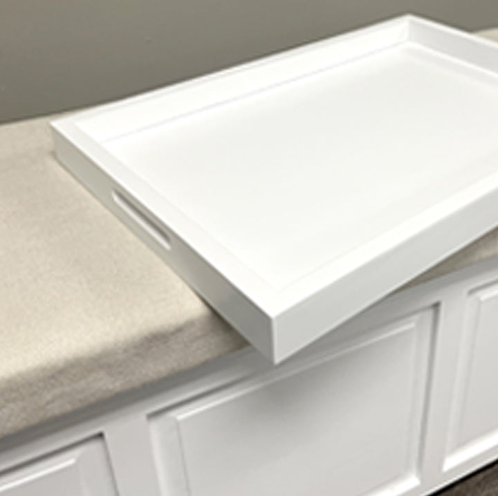 closeup picture of the decorative removable tray in a John Louis Home open top storage bench