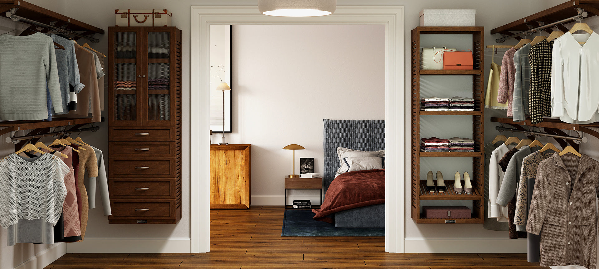 chestnut walk in closet design in bedroom banner