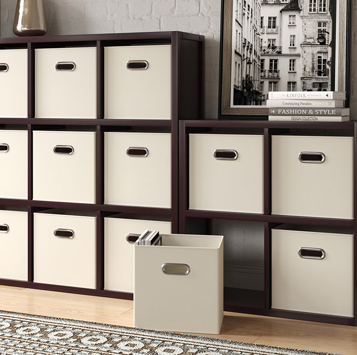canvas storage bins used in a cube organizer design to organize a home office