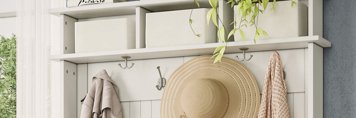 close up featuring the top cubby storage of a John Louis Home hall tree