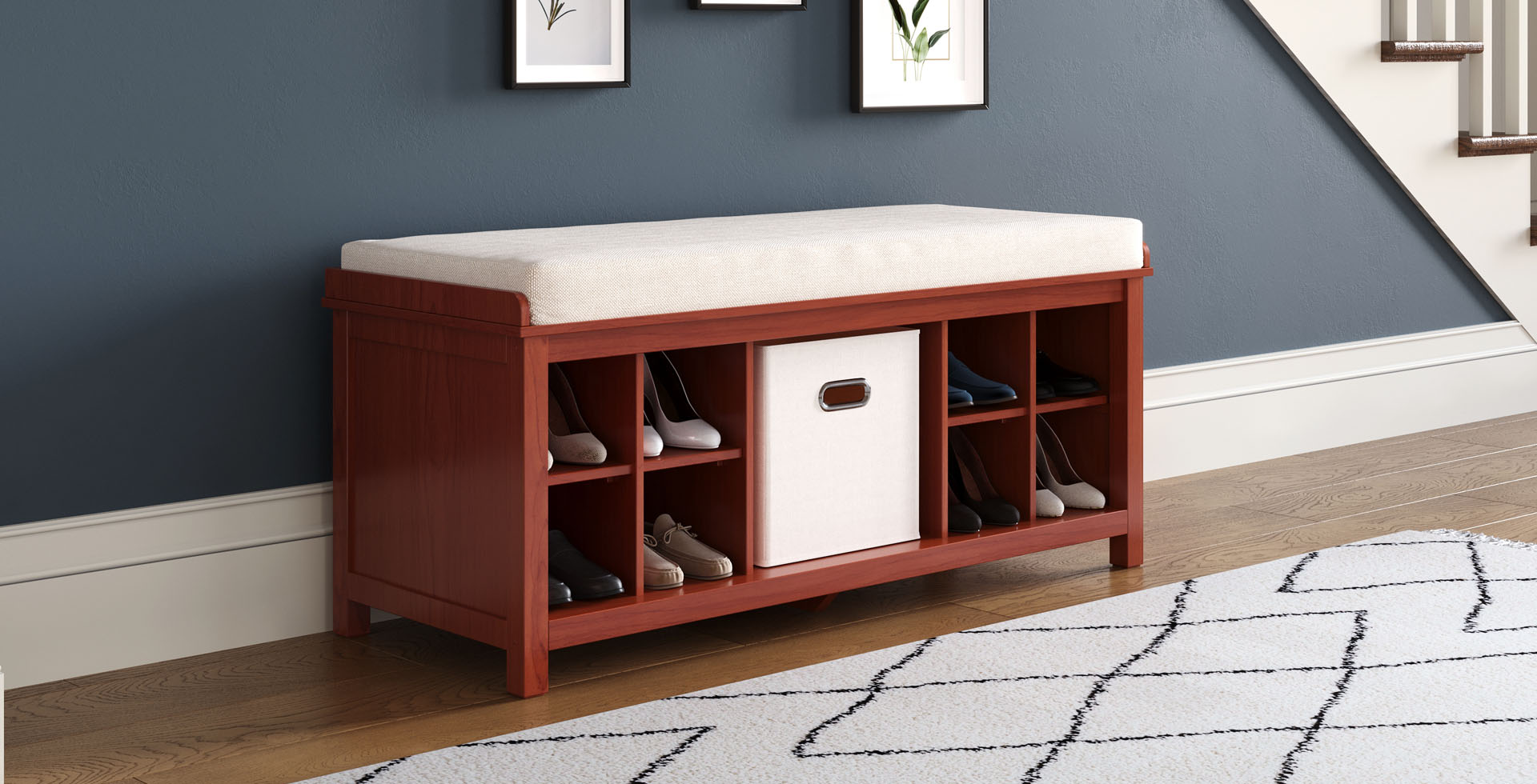 mahogany entry way bench in hallway