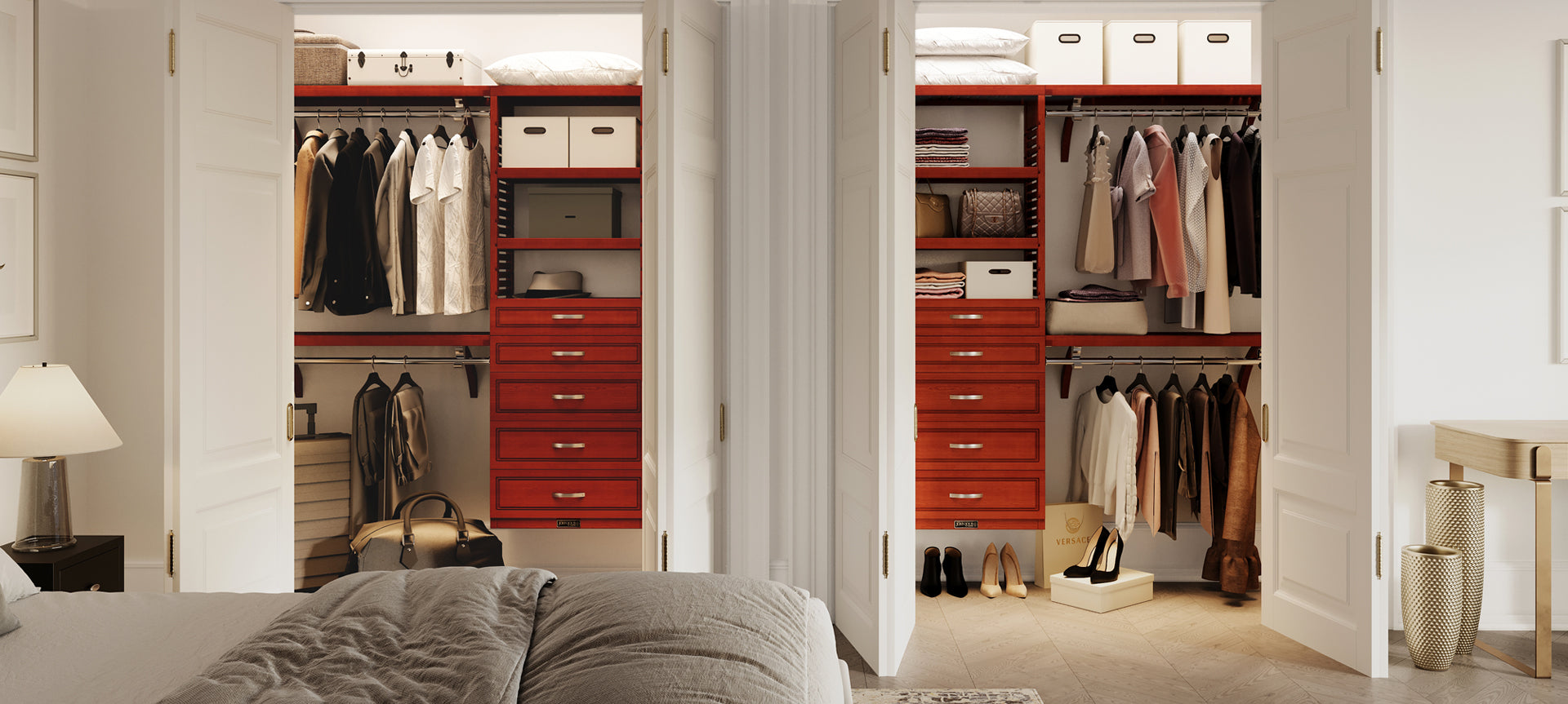 red mahogany modern reach in closet organizer system with drawers used in double closet