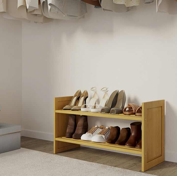 single honey maple John Louis Home stackable shoe and shelving rack used in a reach in closet