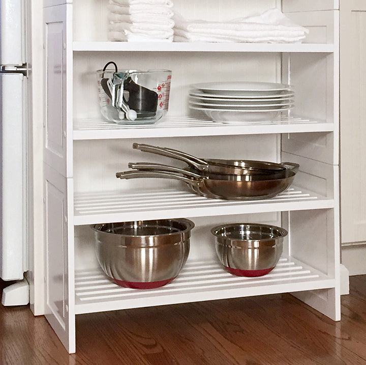 white John Louis Home stackable shoe and shelving racks organizing kitchen pots and pans
