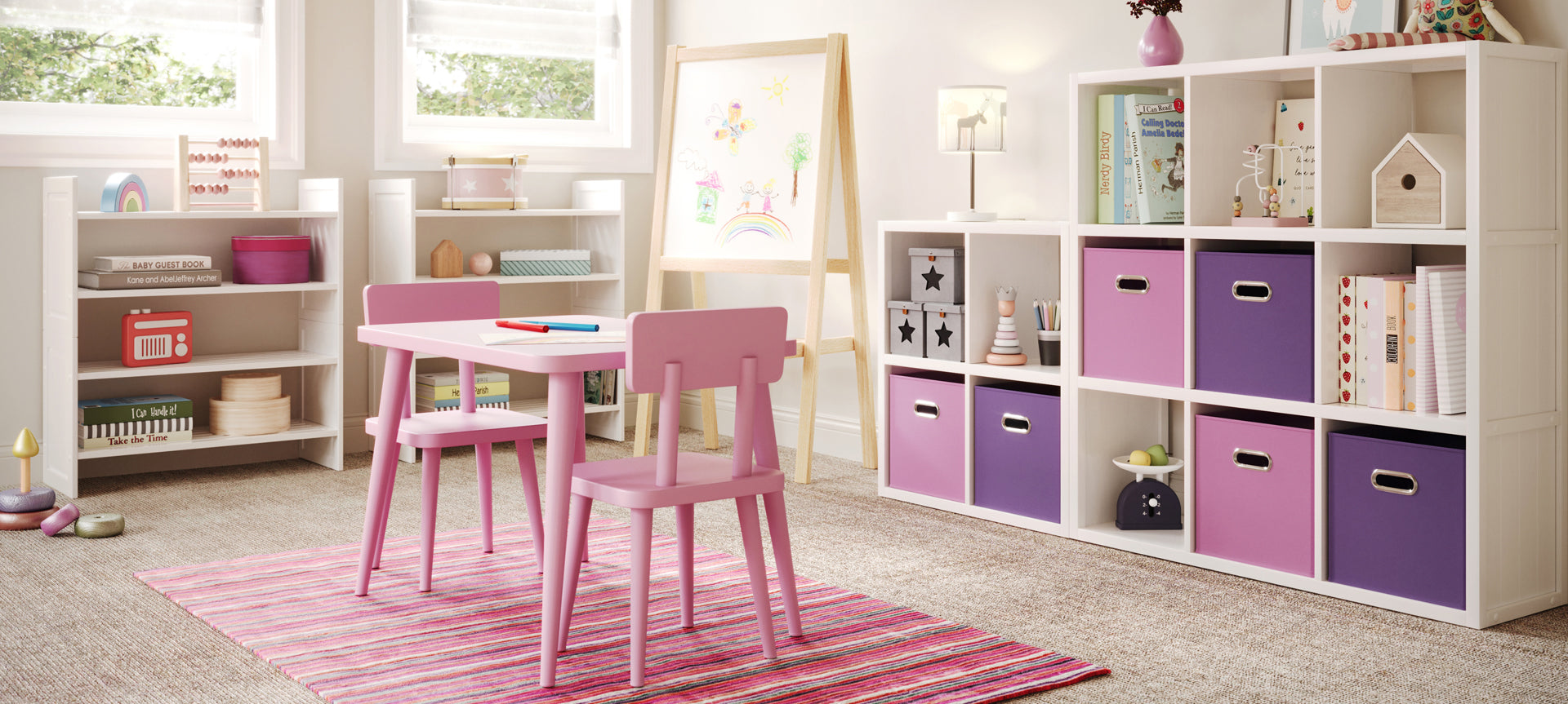 cube organizers in playroom